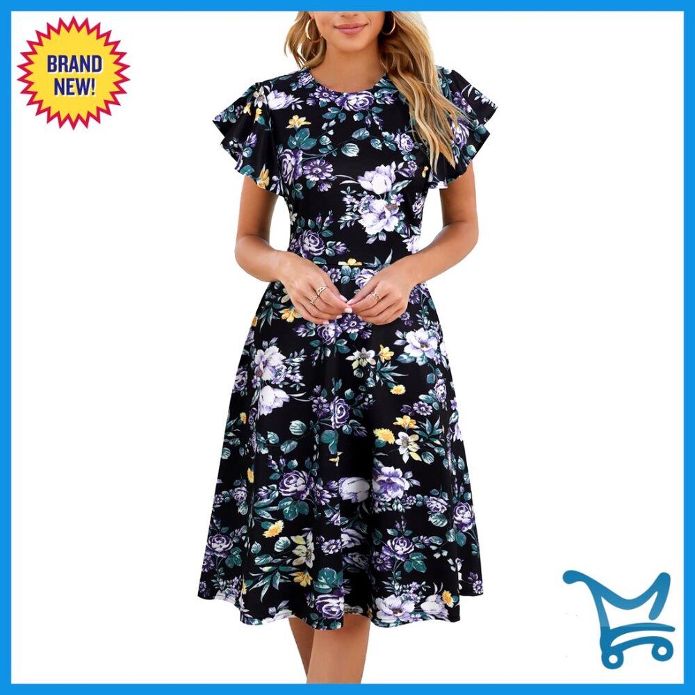 Ruffle Sleeves V-Back Fit And Flare Cocktail Dress With Pockets Elegant Chic